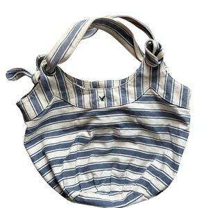 AE Striped Canvas Hobo Slouch Bag Double Knotted Handles Blue White Lined Beach